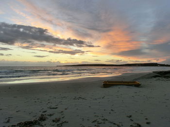 Scenic view of beach against sky during sunset