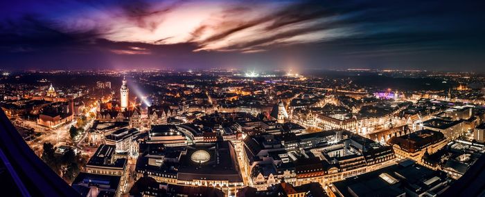 Aerial view of city at night