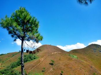 Scenic view of mountains against blue sky