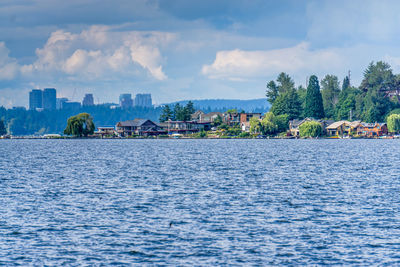 Scenic view of sea and buildings against sky