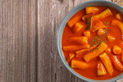 High angle view of soup in bowl on table