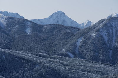 Scenic view of snowcapped mountains against clear sky