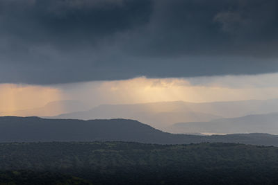 Scenic view of silhouette mountain against sky during sunset