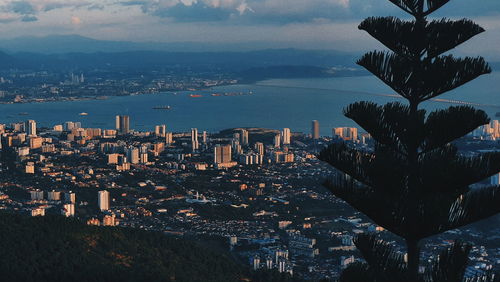 High angle view of city buildings at waterfront