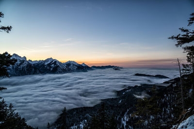 Scenic view of snowcapped mountains against sky during sunset