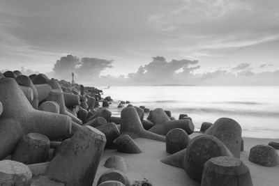 Groynes by sea against sky