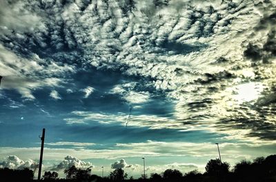 Low angle view of trees against cloudy sky