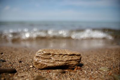 Close-up of sand on beach against sky