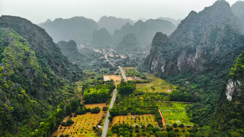 High angle view of landscape and mountains