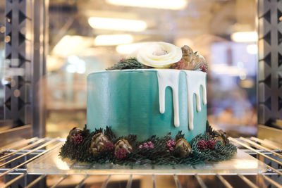 Close up of flower cake in the cafe.