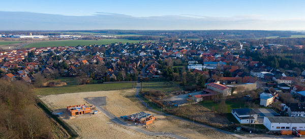 High angle shot of townscape against sky