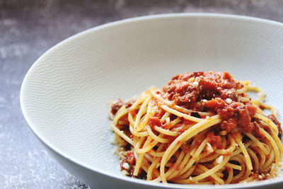 Close-up of noodles served in bowl
