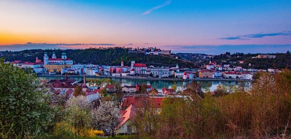 High angle view of townscape against sky during sunset