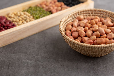 High angle view of eggs in basket on table