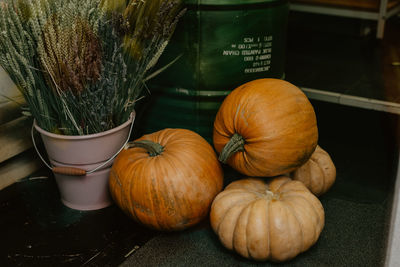 High angle view of pumpkins on table