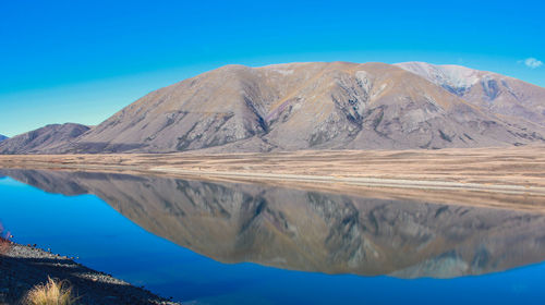 Scenic view of lake and mountains against blue sky