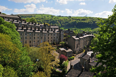 High angle view of buildings in city