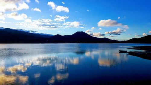 Scenic view of lake against cloudy sky