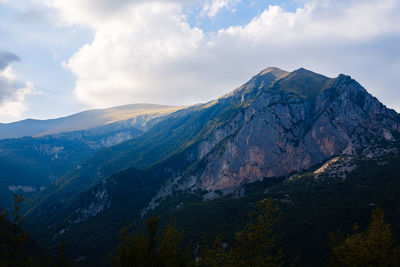 Scenic view of snowcapped mountains against sky in montefortino, marche italy