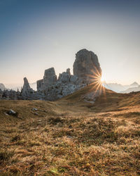 Scenic view of landscape against clear sky during sunset