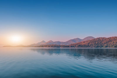 Scenic view of lake against clear blue sky