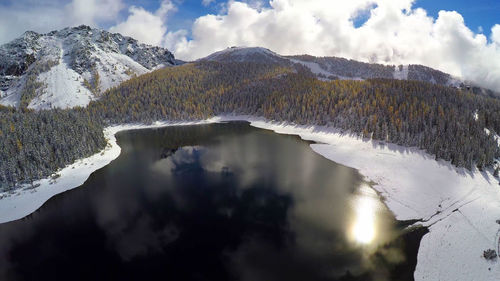 Scenic view of lake by snowcapped mountains against sky