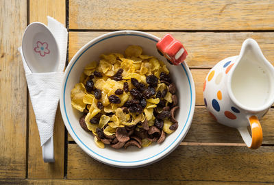 High angle view of breakfast served on table