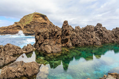  rock formation in a pool against the sky