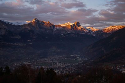 Scenic view of snowcapped mountains against sky during sunset