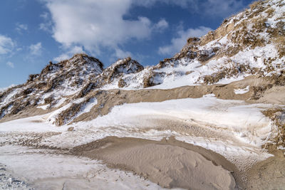 Scenic view of snow covered mountains against sky