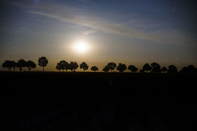 Silhouette trees on field against sky at night