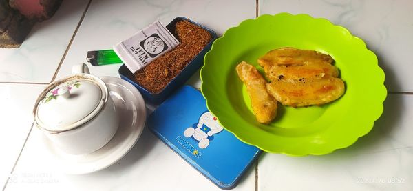 High angle view of breakfast on table