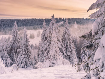 Scenic view of snow covered landscape against sky during sunset