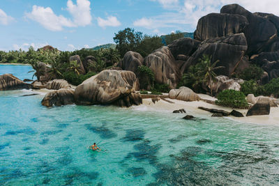 Scenic view of rocks in sea against sky