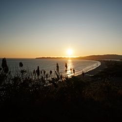 Scenic view of sea against clear sky during sunset