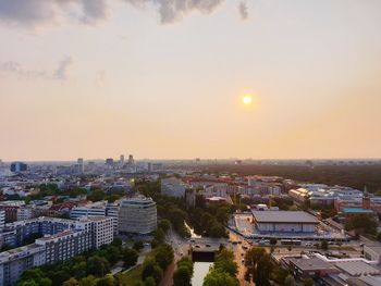 High angle view of townscape against sky during sunset