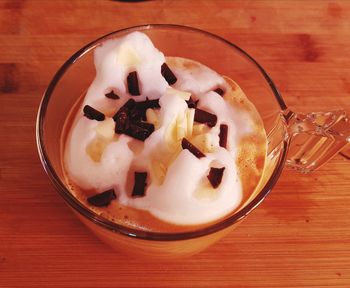 High angle view of ice cream in plate on table