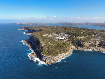 Drone view of north head in manly, sydney, nsw, australia. wastewater treatment plant in foreground