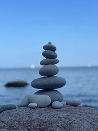 Close-up of rocks on beach against clear sky