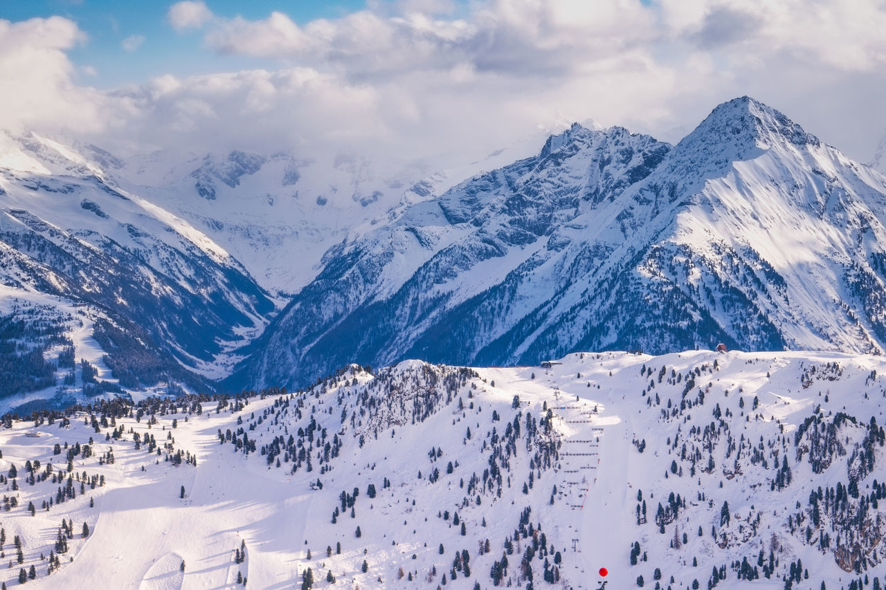 PANORAMIC VIEW OF SNOWCAPPED MOUNTAIN AGAINST SKY