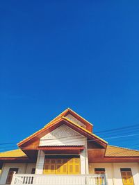 Low angle view of building against clear blue sky