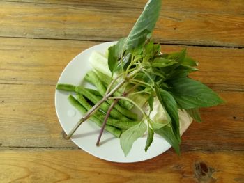 High angle view of green leaves on table