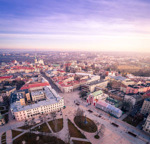 High angle view of cityscape against sky