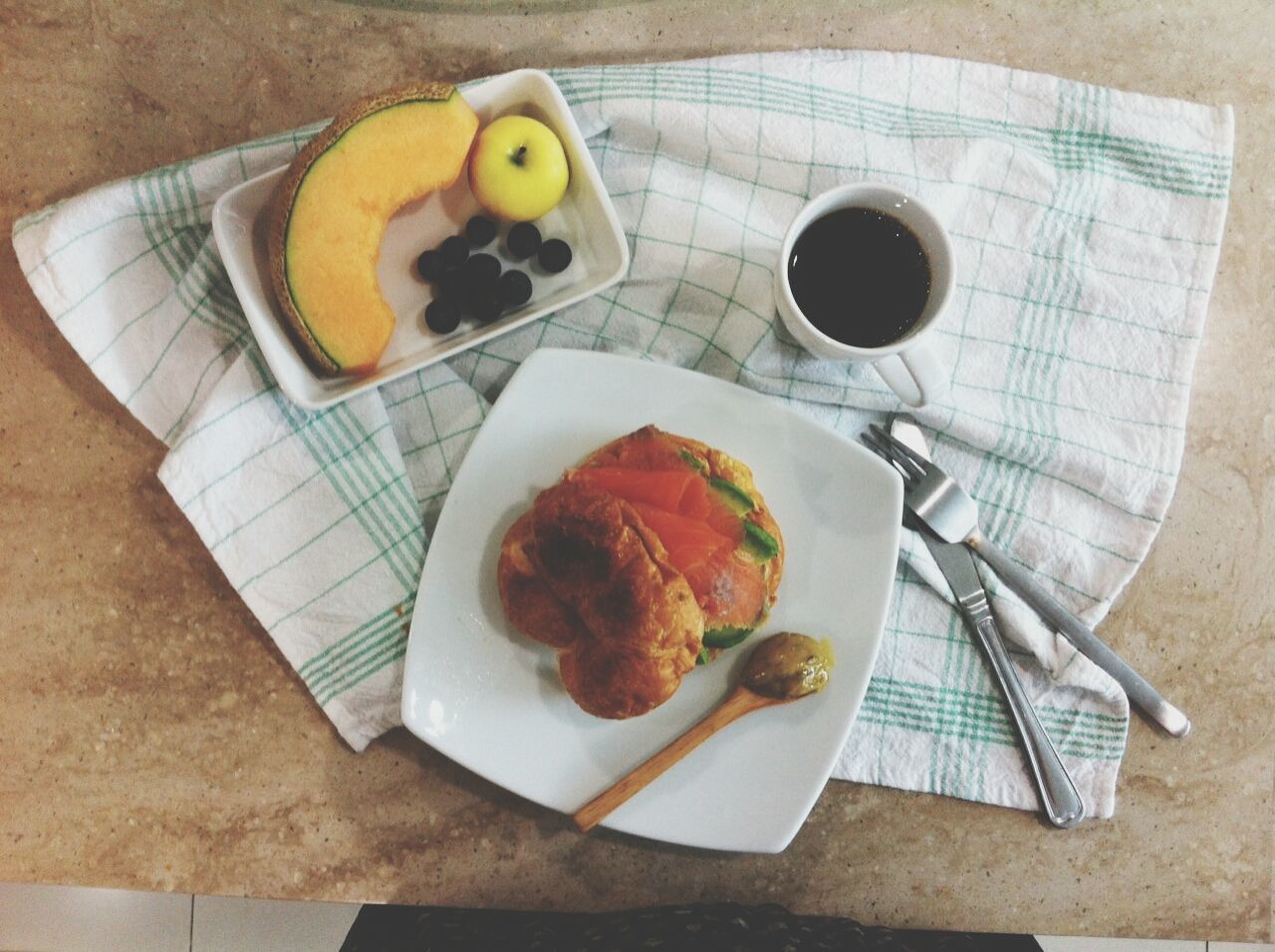 food and drink, food, freshness, indoors, table, plate, ready-to-eat, still life, breakfast, drink, fork, bread, high angle view, coffee cup, healthy eating, refreshment, coffee - drink, serving size, directly above, spoon