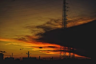 Silhouette electricity pylon against sky during sunset