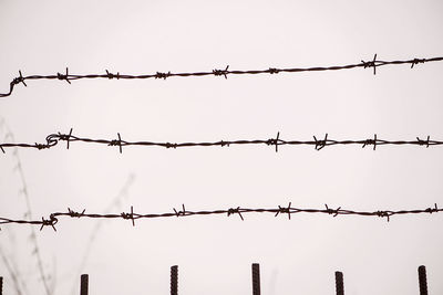 Low angle view of barbed wire against clear sky