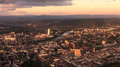 High angle view of townscape against sky at sunset