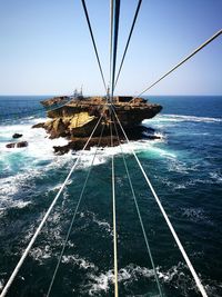 Sailboat sailing on sea against clear sky