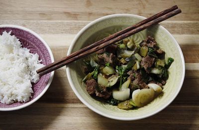 High angle view of salad in bowl on table