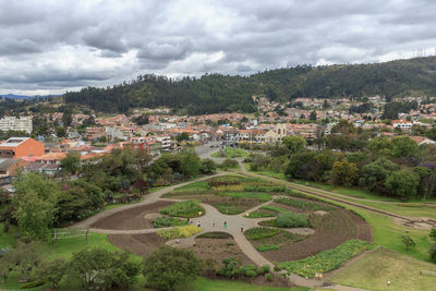 High angle view of townscape against sky